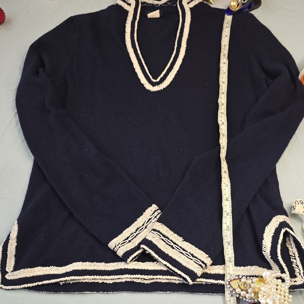 J. Crew Navy V-Neck Sweater with Cream Trim - Picture 3 of 5